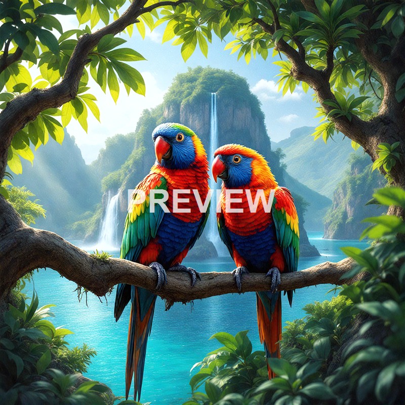 Two vividly colored parrots with red, blue, green, and yellow feathers are perched on a branch in a lush, tropical landscape featuring a waterfall, mountains, and dense foliage.